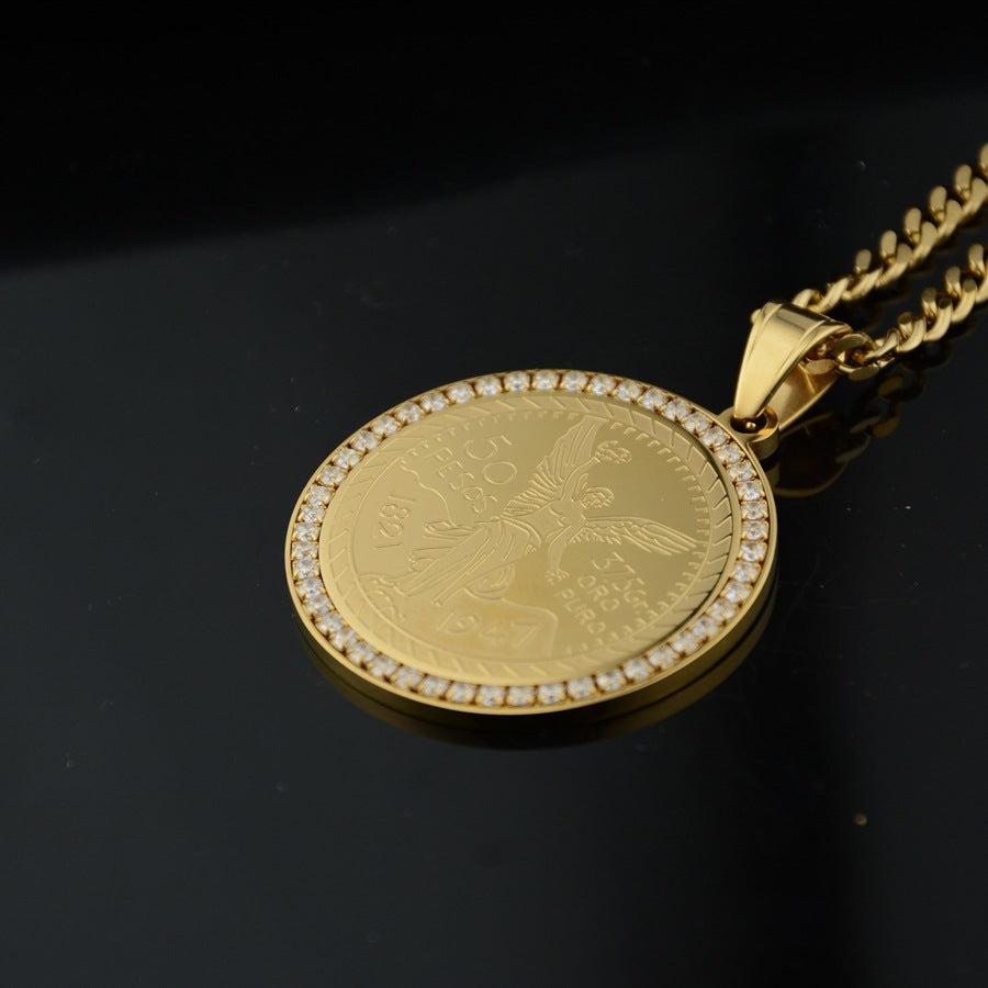 Collier pendentif Centenario en or 14 carats avec lunette glacée