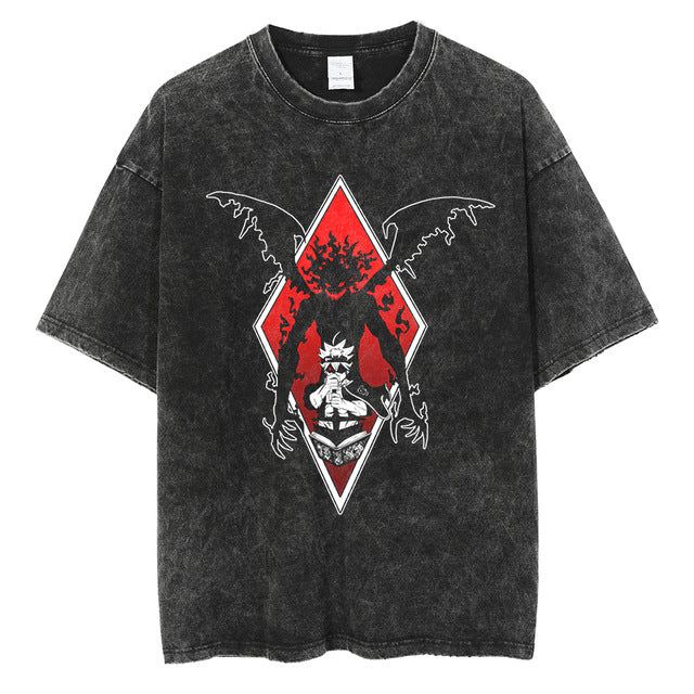 T-shirt vintage délavé avec imprimé anime Black Clover