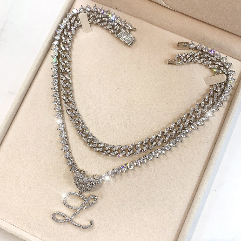 Custom Initial Cuban Heart Pendant Necklace + FREE Tennis Chain