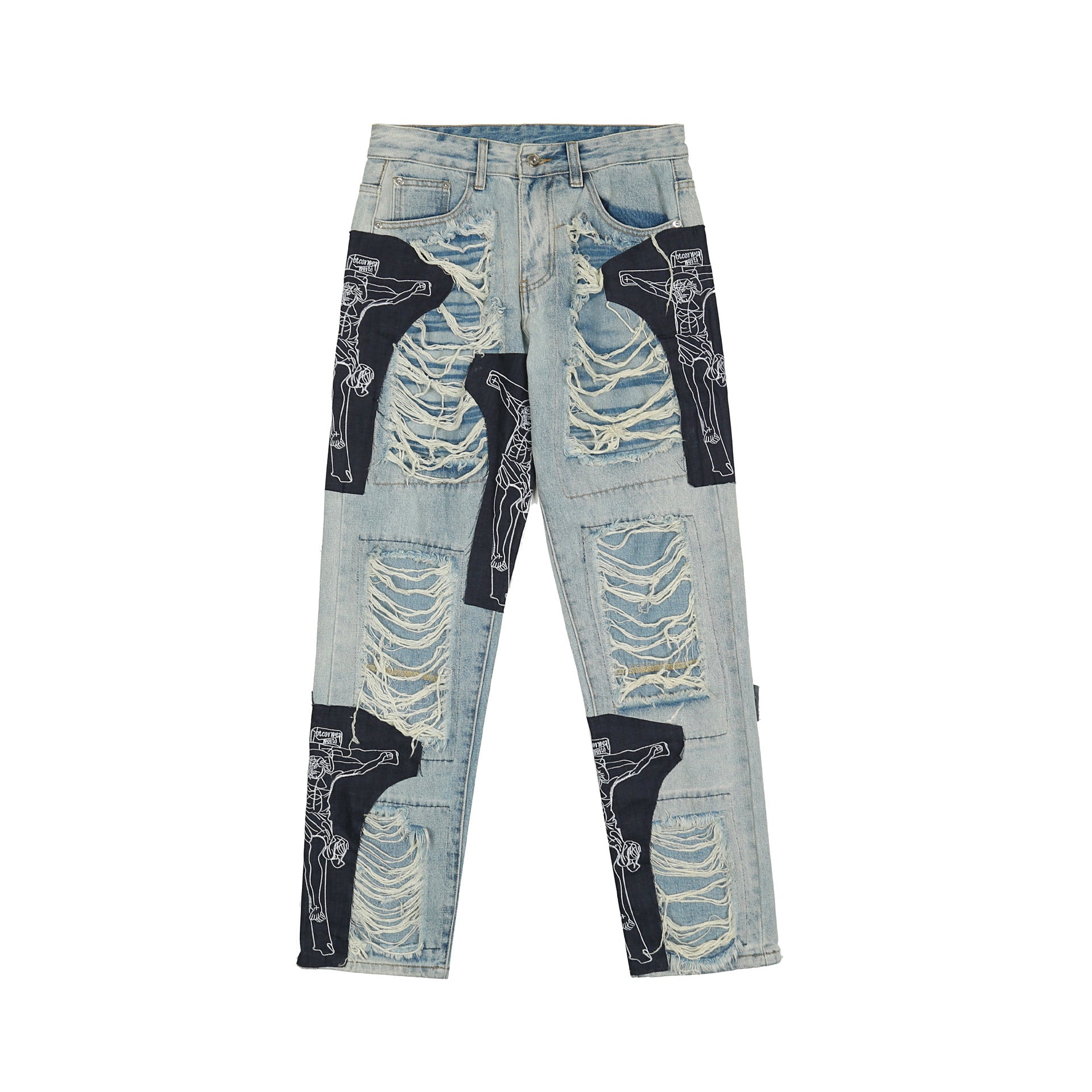 Jean patchwork déchiré à motif Jésus