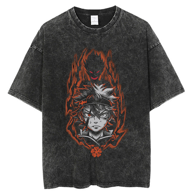 T-shirt vintage délavé avec imprimé anime Black Clover