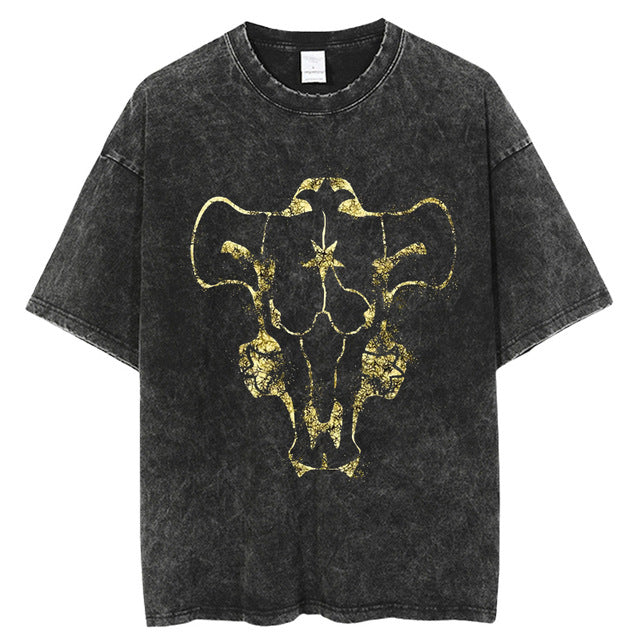 T-shirt vintage délavé avec imprimé anime Black Clover