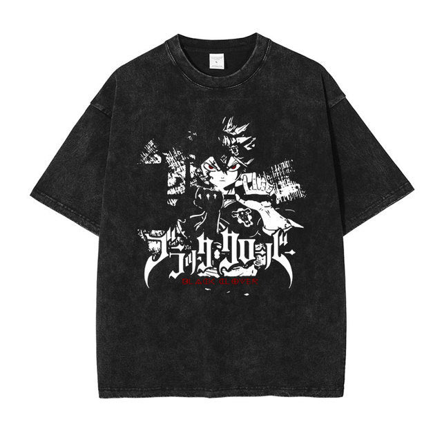 T-shirt vintage délavé avec imprimé anime Black Clover