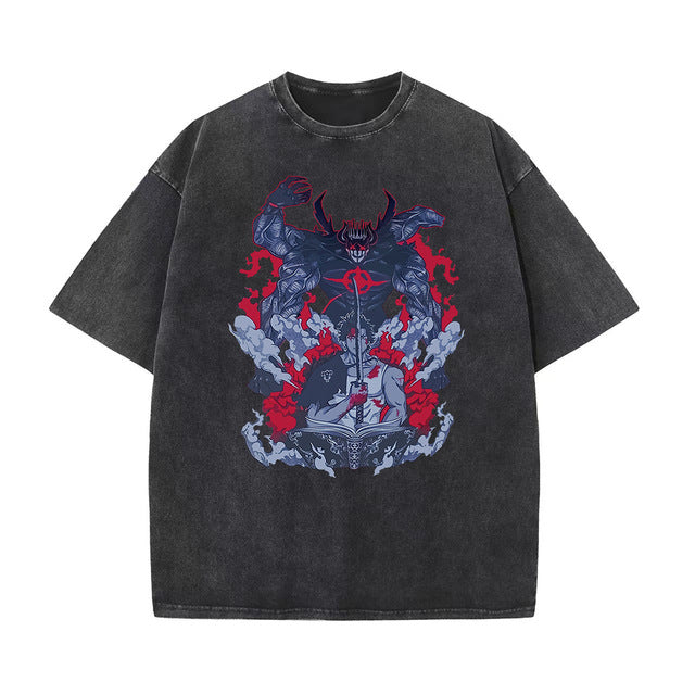 T-shirt vintage délavé avec imprimé anime Black Clover