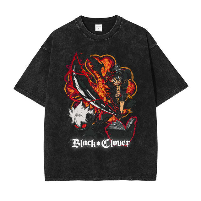 T-shirt vintage délavé avec imprimé anime Black Clover