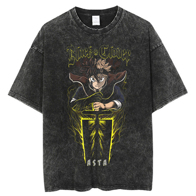 T-shirt vintage délavé avec imprimé anime Black Clover
