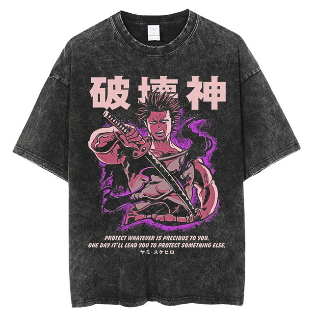T-shirt vintage délavé avec imprimé anime Black Clover
