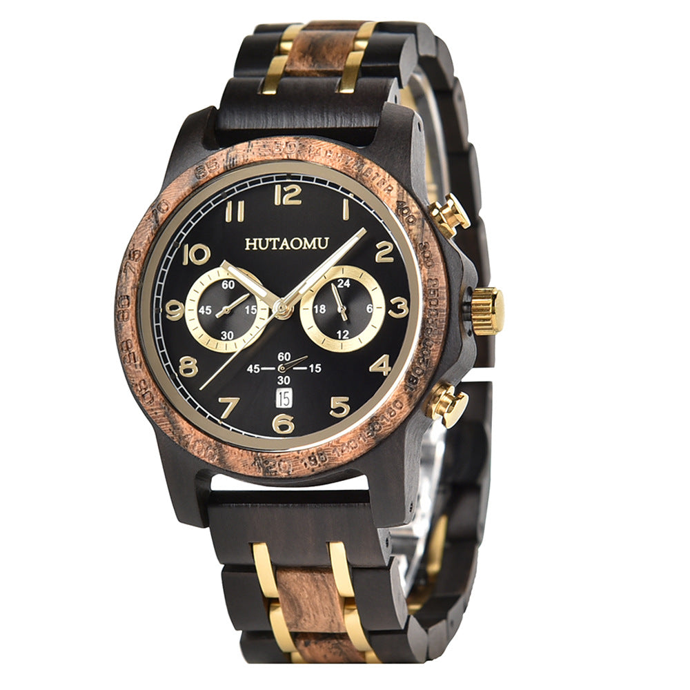Vintage Chronograph with Luminous Hands & Calendar Wood Grain Men's Watch