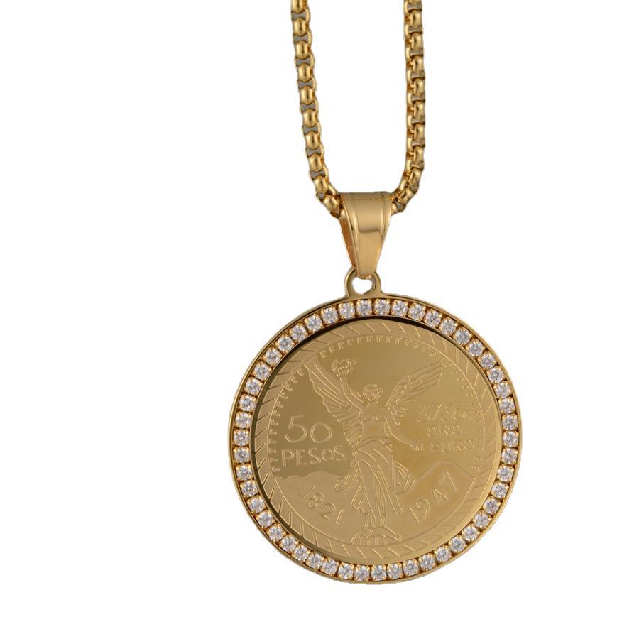 Collier pendentif Centenario en or 14 carats avec lunette glacée