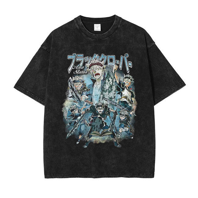 T-shirt vintage délavé avec imprimé anime Black Clover