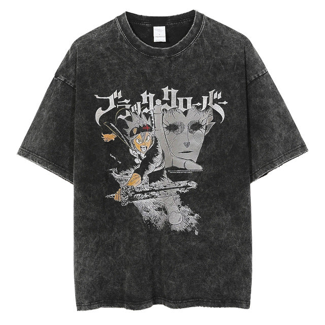 T-shirt vintage délavé avec imprimé anime Black Clover