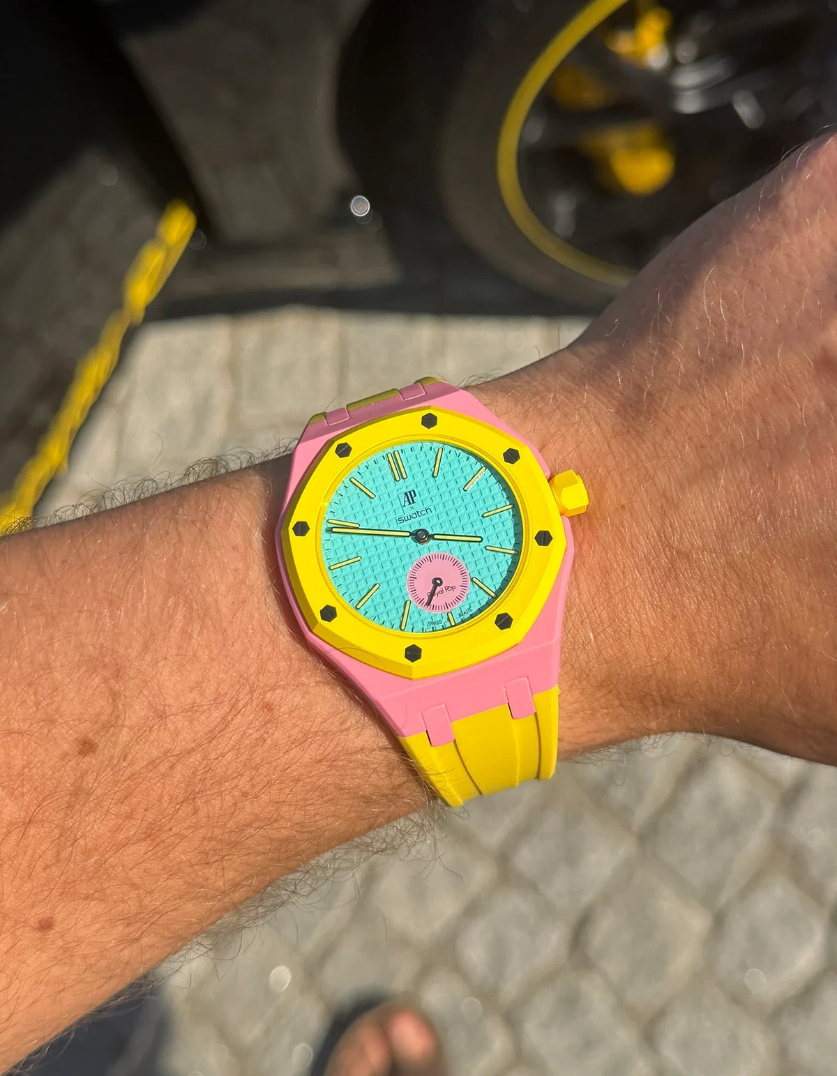 combo::otg-pink::rubber-strap-for-ap-x-swatch-royal-pop-yellow