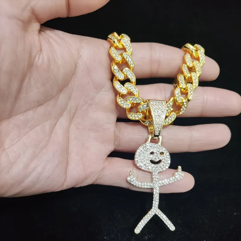 Iced Out Stickman Mittelfinger Kubanische Halskette - Lustiger Hip-Hop-Anhänger