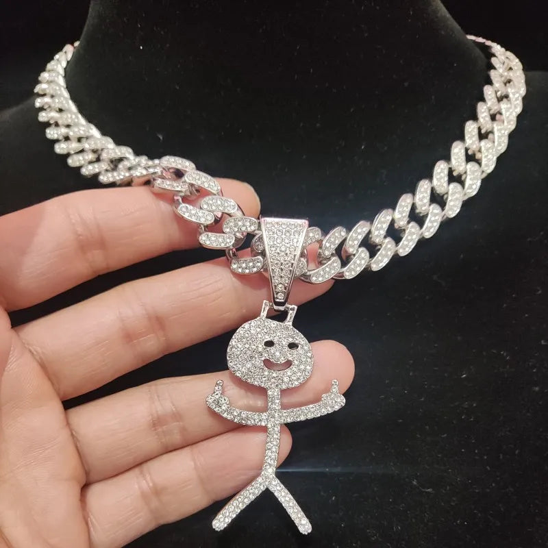 Iced Out Stickman Mittelfinger Kubanische Halskette - Lustiger Hip-Hop-Anhänger