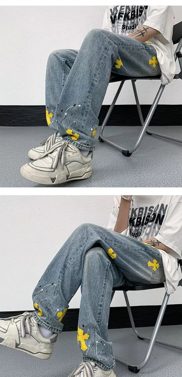 VVS Splashed Ink Cross Embroidery Jeans