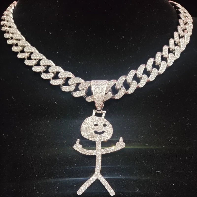 Iced Out Stickman Mittelfinger Kubanische Halskette - Lustiger Hip-Hop-Anhänger