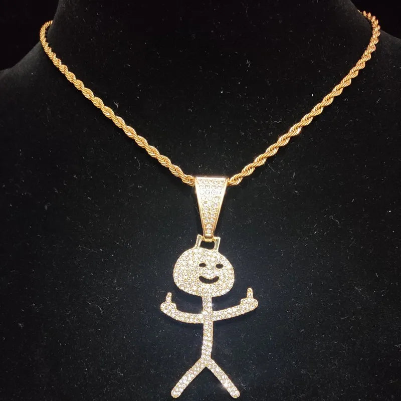 Iced Out Stickman Mittelfinger Kubanische Halskette - Lustiger Hip-Hop-Anhänger