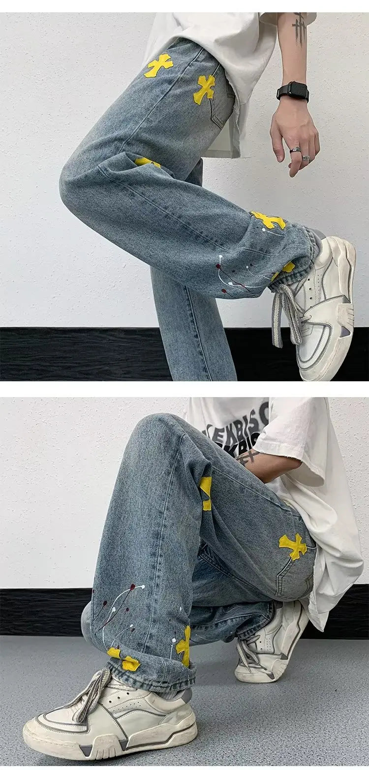 VVS Splashed Ink Cross Embroidery Jeans