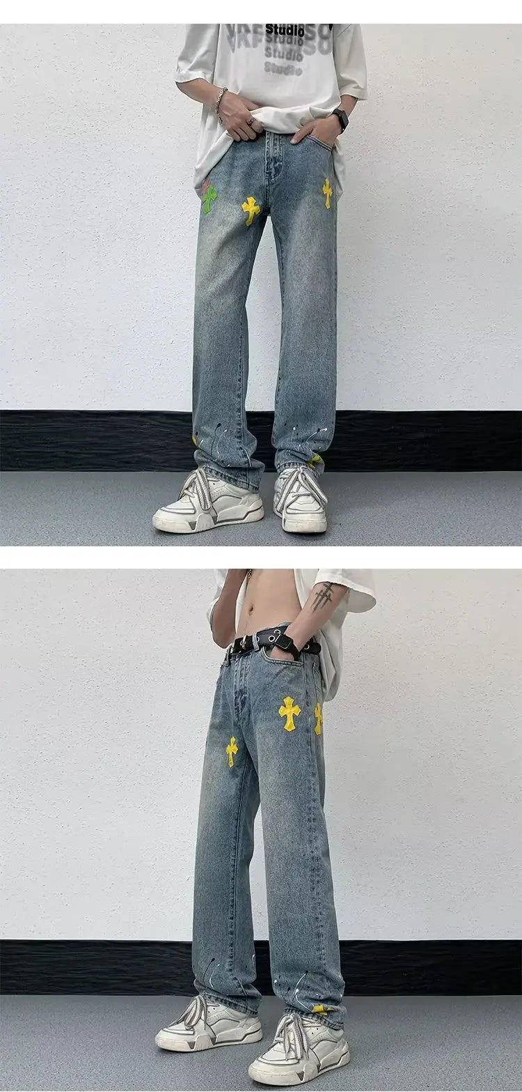 VVS Splashed Ink Cross Embroidery Jeans