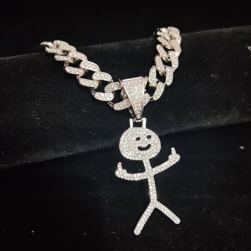 Iced Out Stickman Mittelfinger Kubanische Halskette - Lustiger Hip-Hop-Anhänger