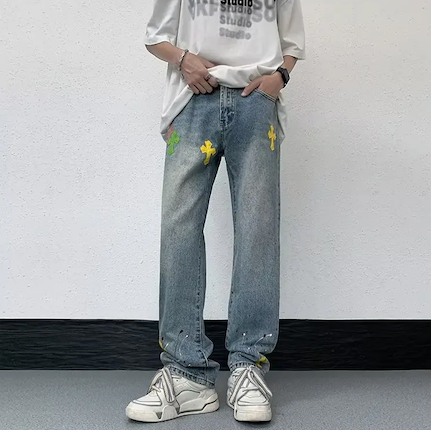 VVS Splashed Ink Cross Embroidery Jeans