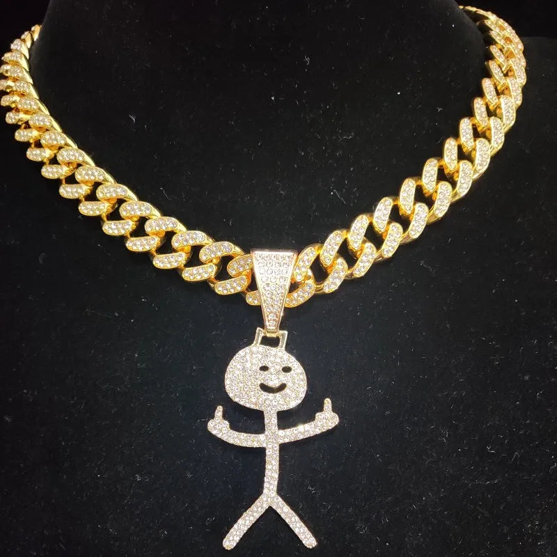 Iced Out Stickman Mittelfinger Kubanische Halskette - Lustiger Hip-Hop-Anhänger