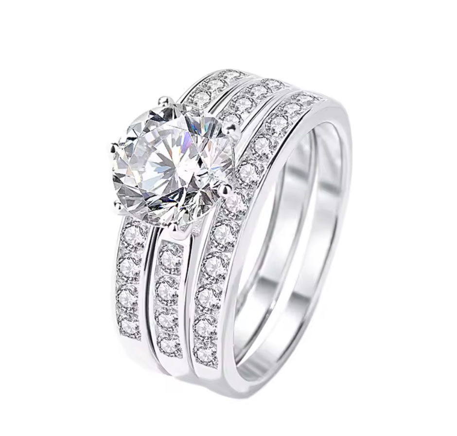 2CT Three Row Diamond 925 Sterling Silver Moissanite Ring