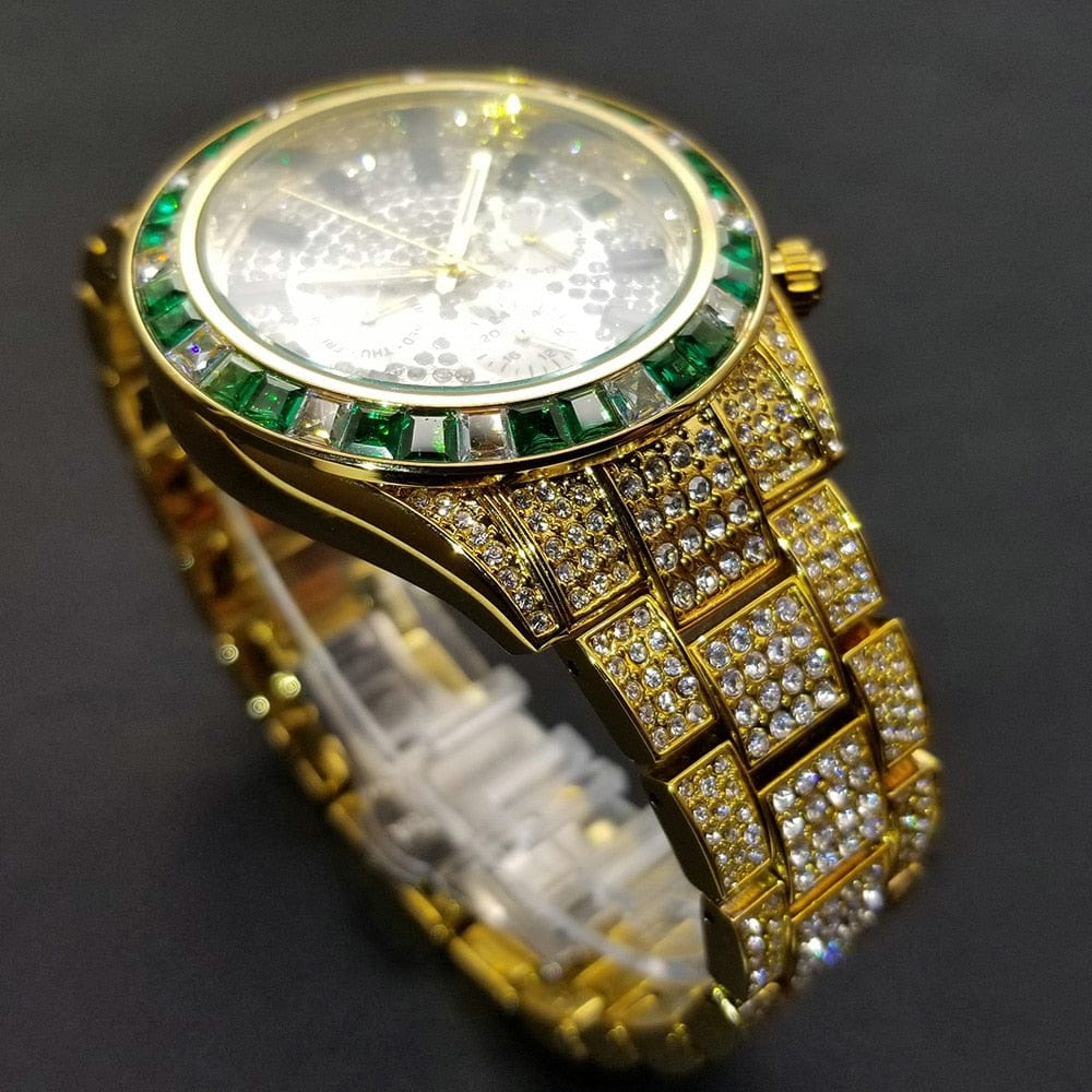 VVS Jewelry hip hop jewelry Watch VVS Jewelry Two-Tone Green Iced Out Watch