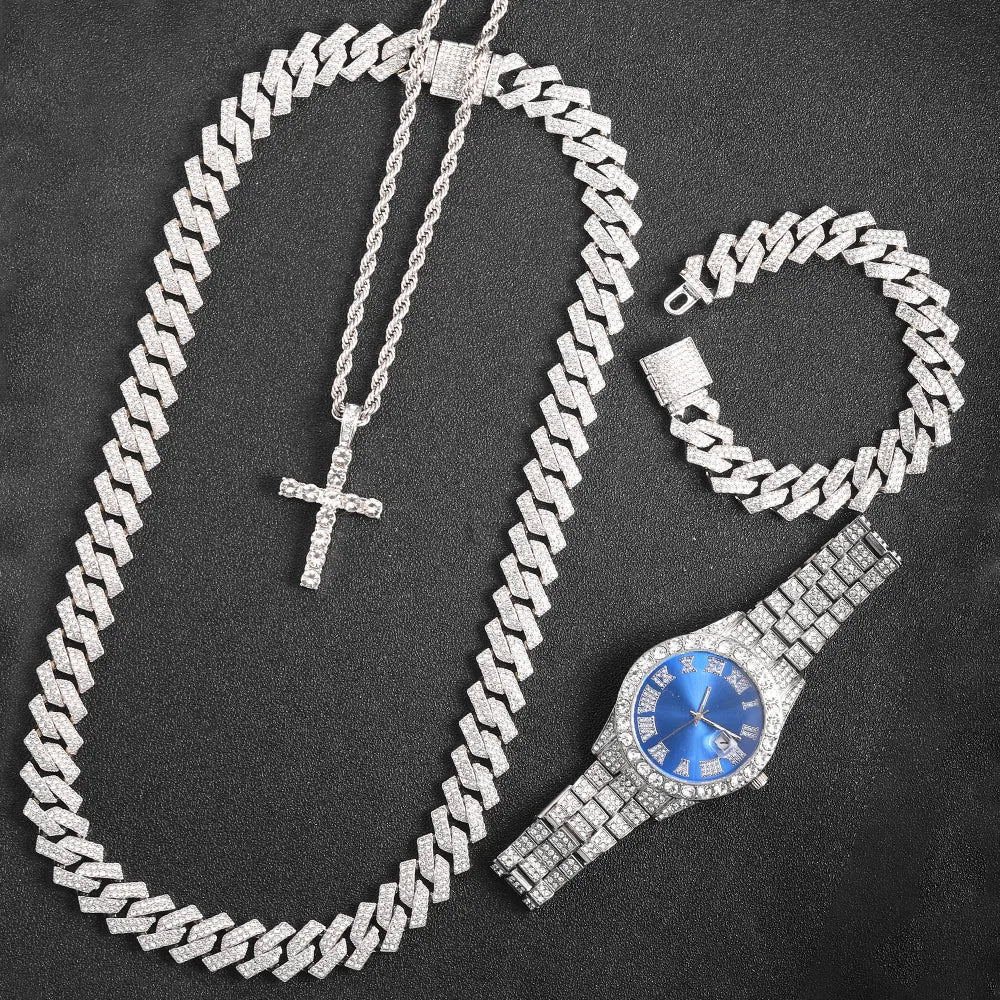 16mm Cuban Link Chain, Cross Watch & Bracelet Bundle Set