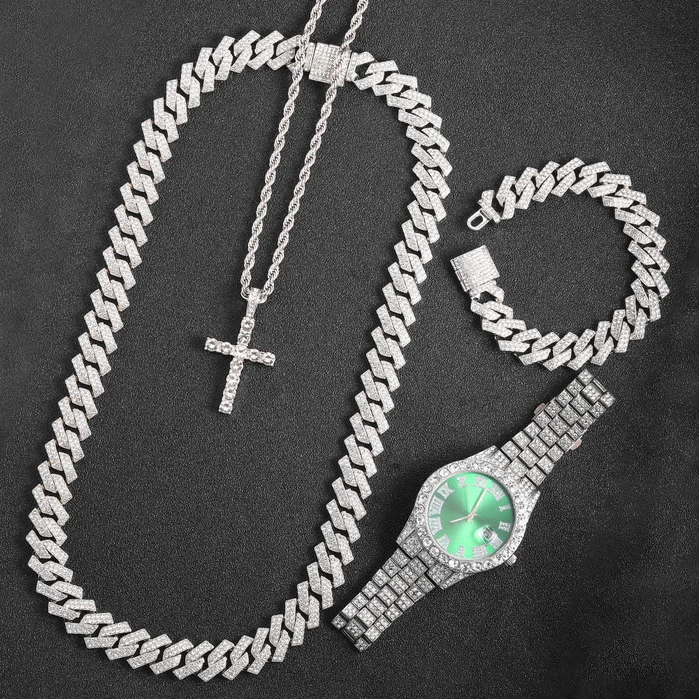 16mm Cuban Link Chain, Cross Watch & Bracelet Bundle Set