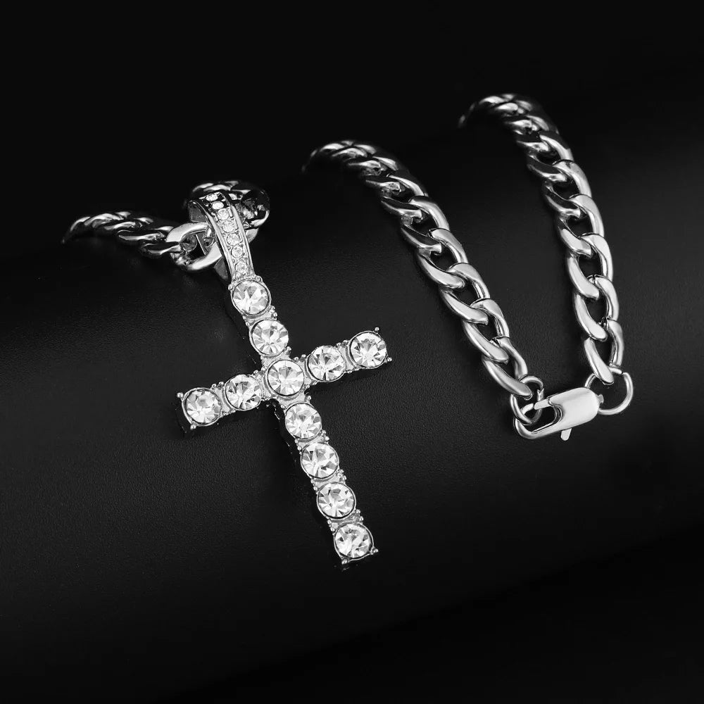 16mm Cuban Link Chain, Cross Watch & Bracelet Bundle Set