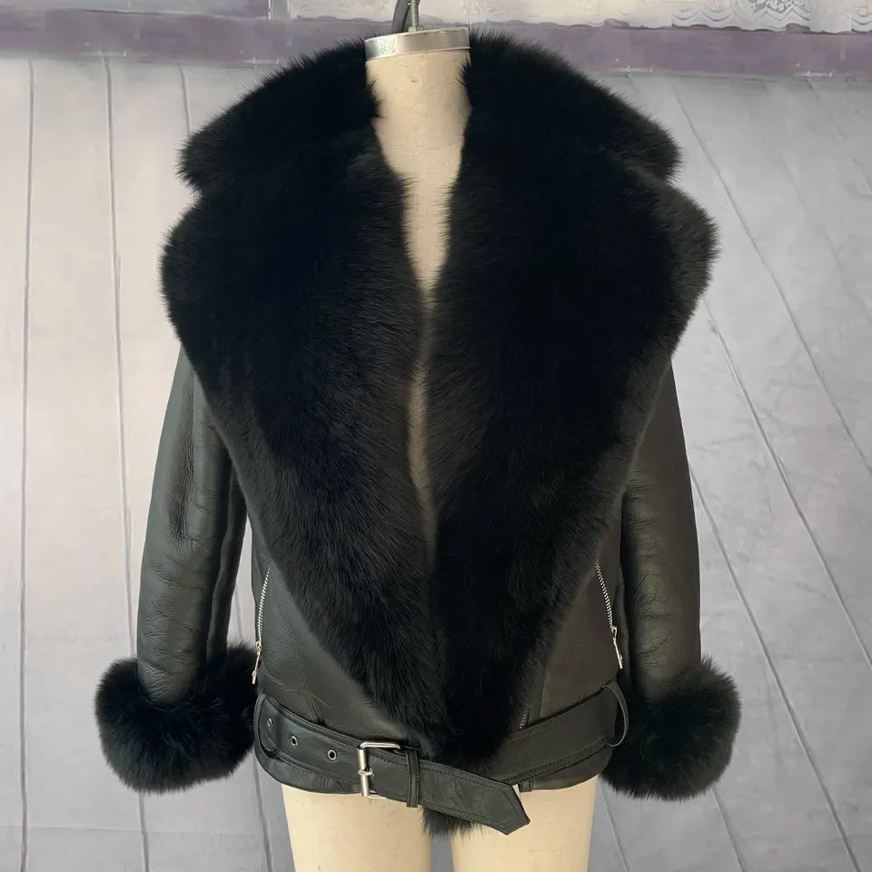 Luxury Genuine Fox Fur Leather Jacket