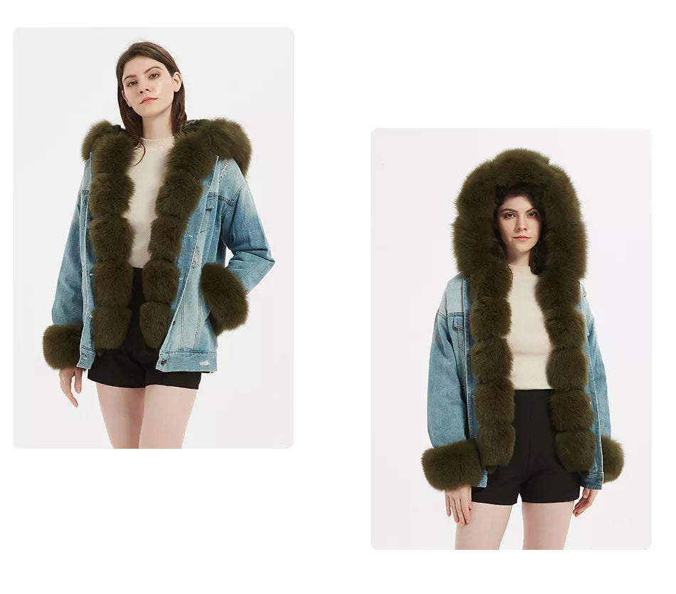 Solid Color Real Rabbit Fur Demin Jacket