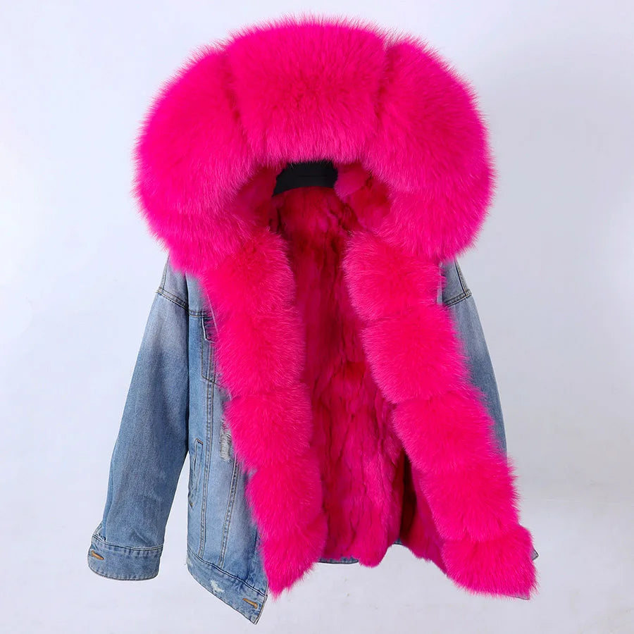 Solid Color Real Rabbit Fur Demin Jacket