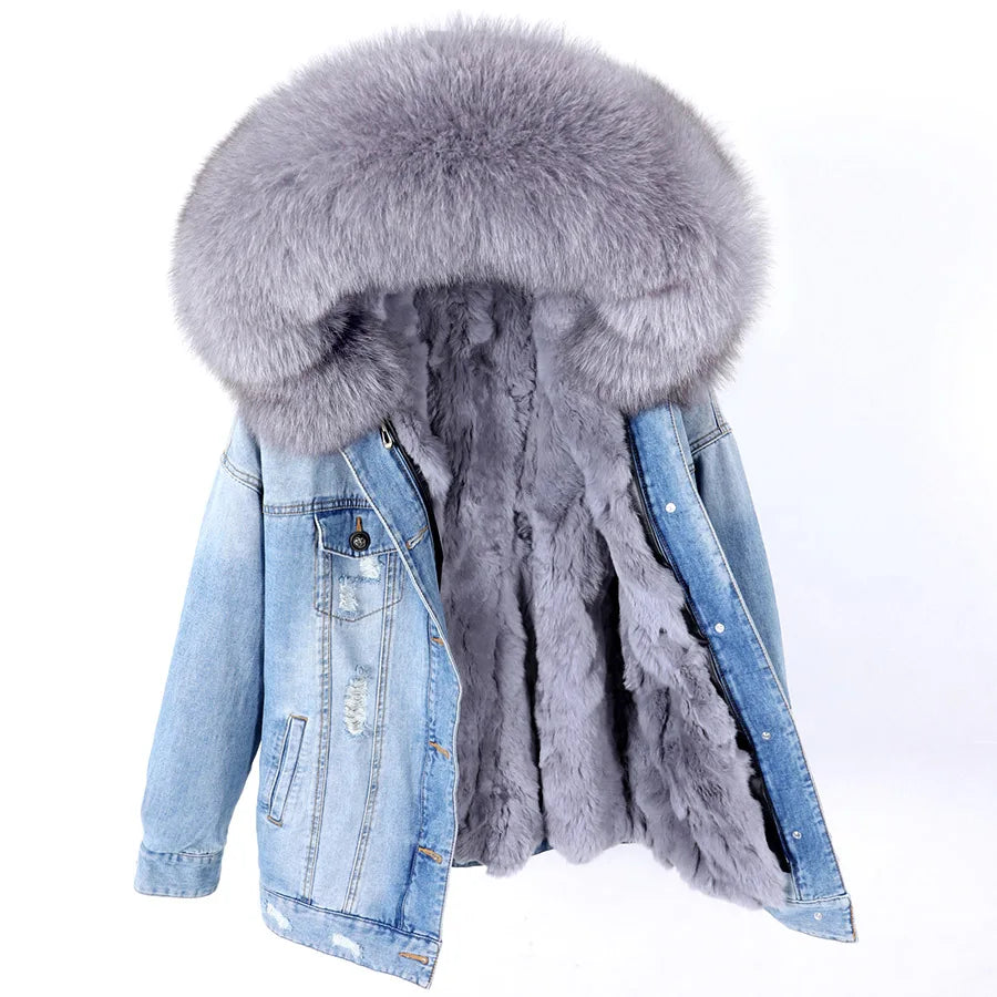 Solid Color Real Rabbit Fur Demin Jacket