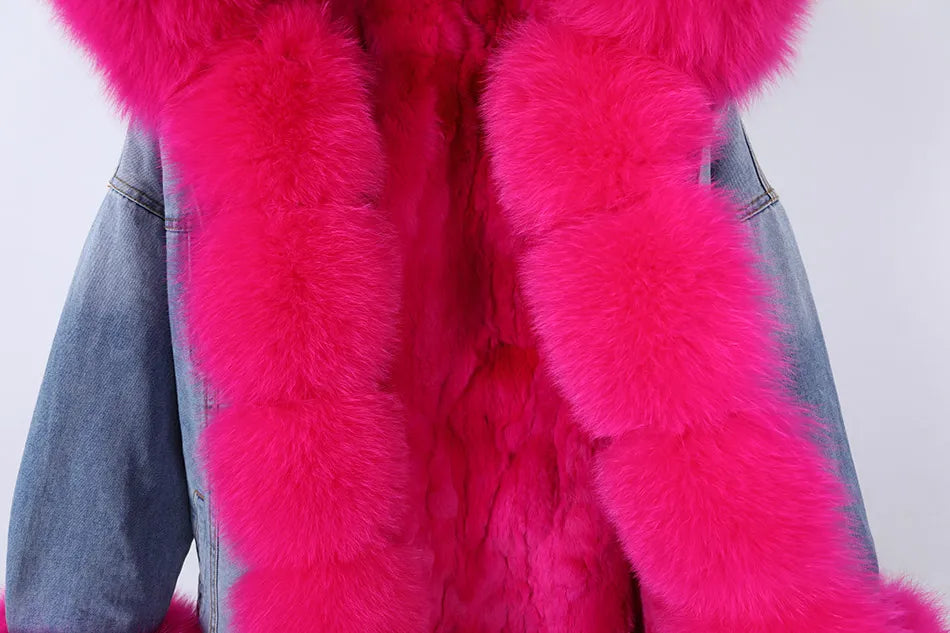 Solid Color Real Rabbit Fur Demin Jacket