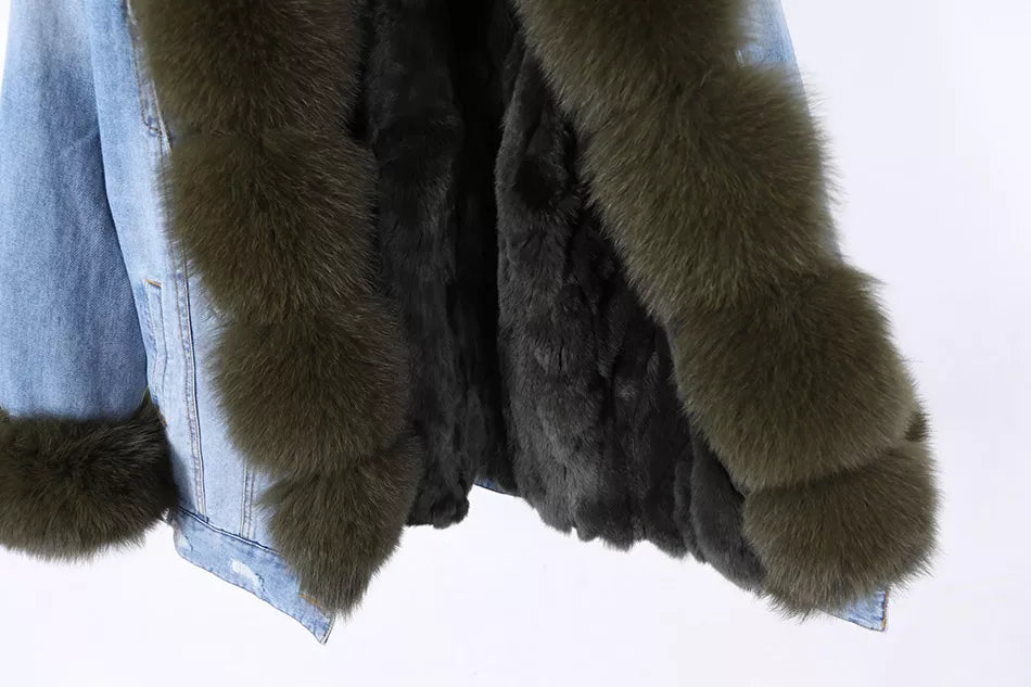 Solid Color Real Rabbit Fur Demin Jacket