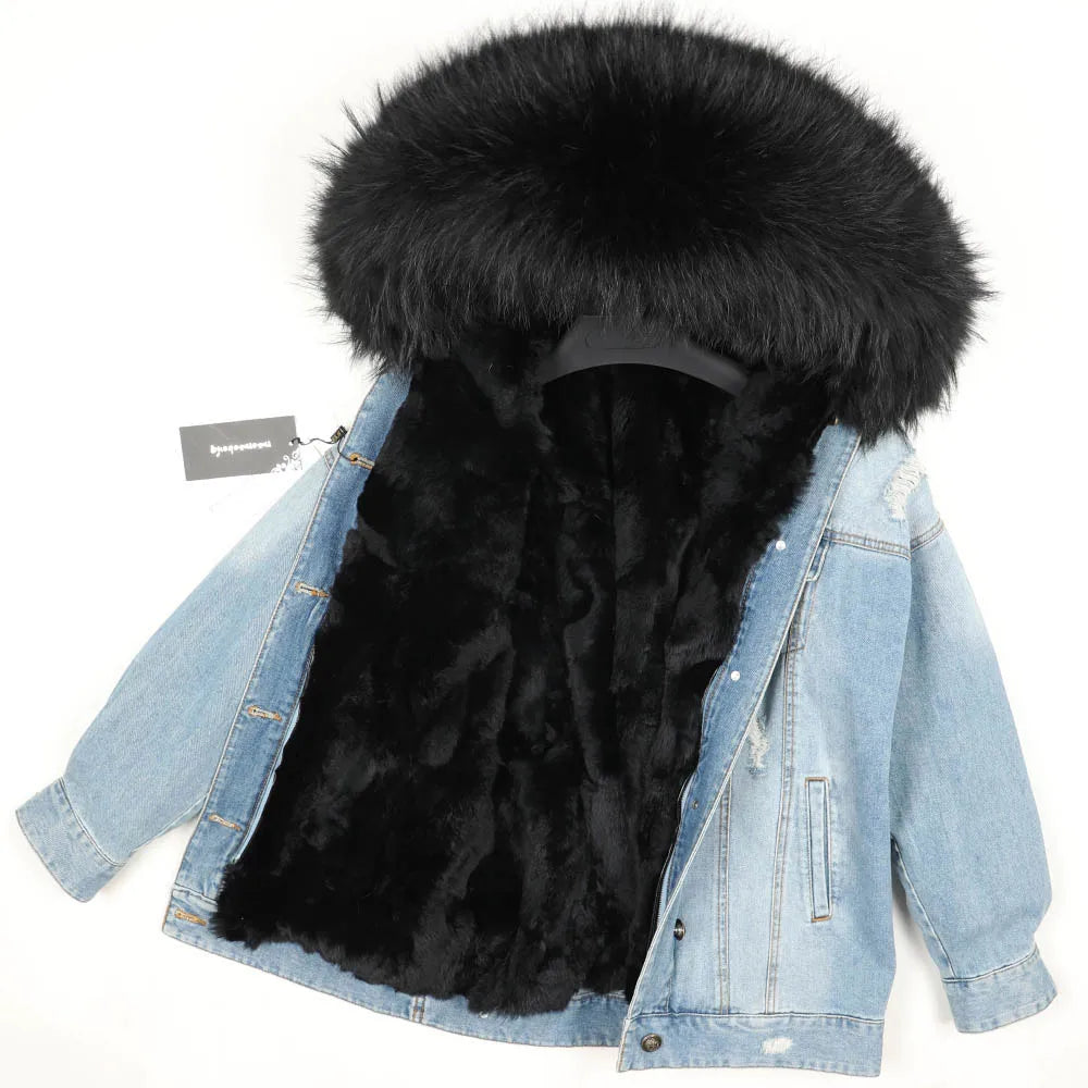 Solid Color Real Rabbit Fur Demin Jacket