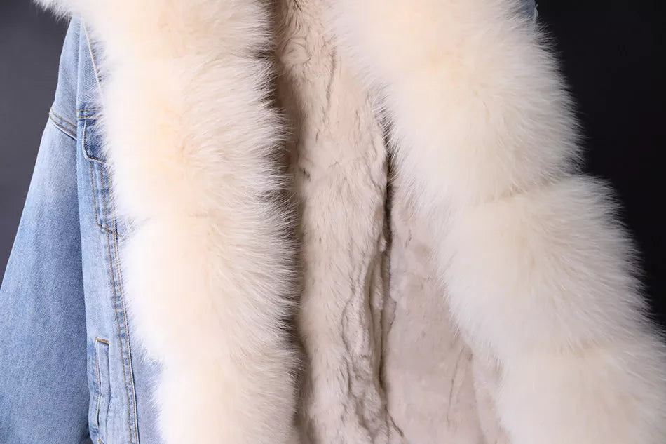 Solid Color Real Rabbit Fur Demin Jacket