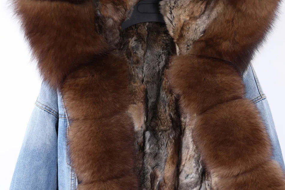 Solid Color Real Rabbit Fur Demin Jacket