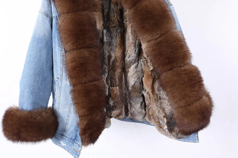 Solid Color Real Rabbit Fur Demin Jacket