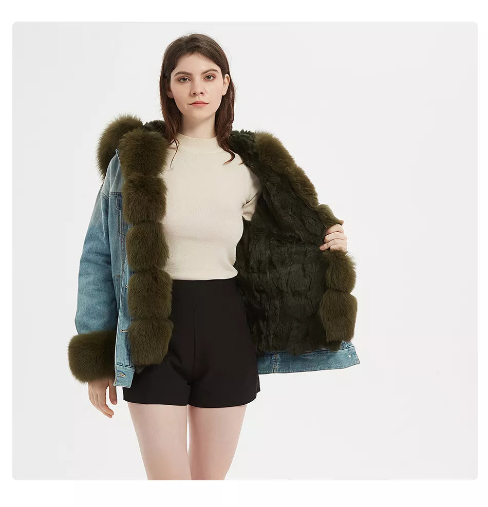 Solid Color Real Rabbit Fur Demin Jacket