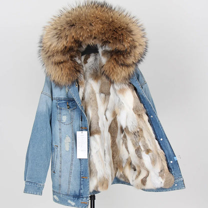 Real Rabbit Fur Denim Jacket