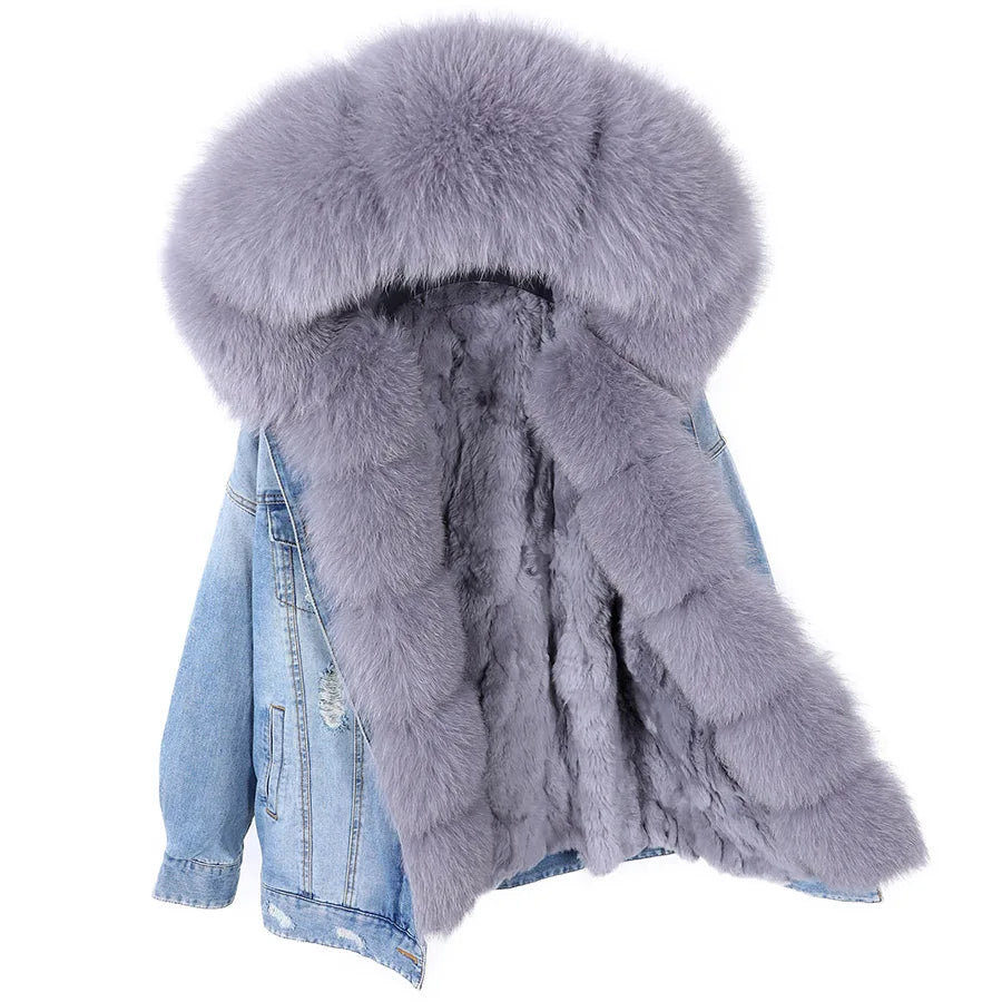 Real Rabbit Fur Denim Jacket