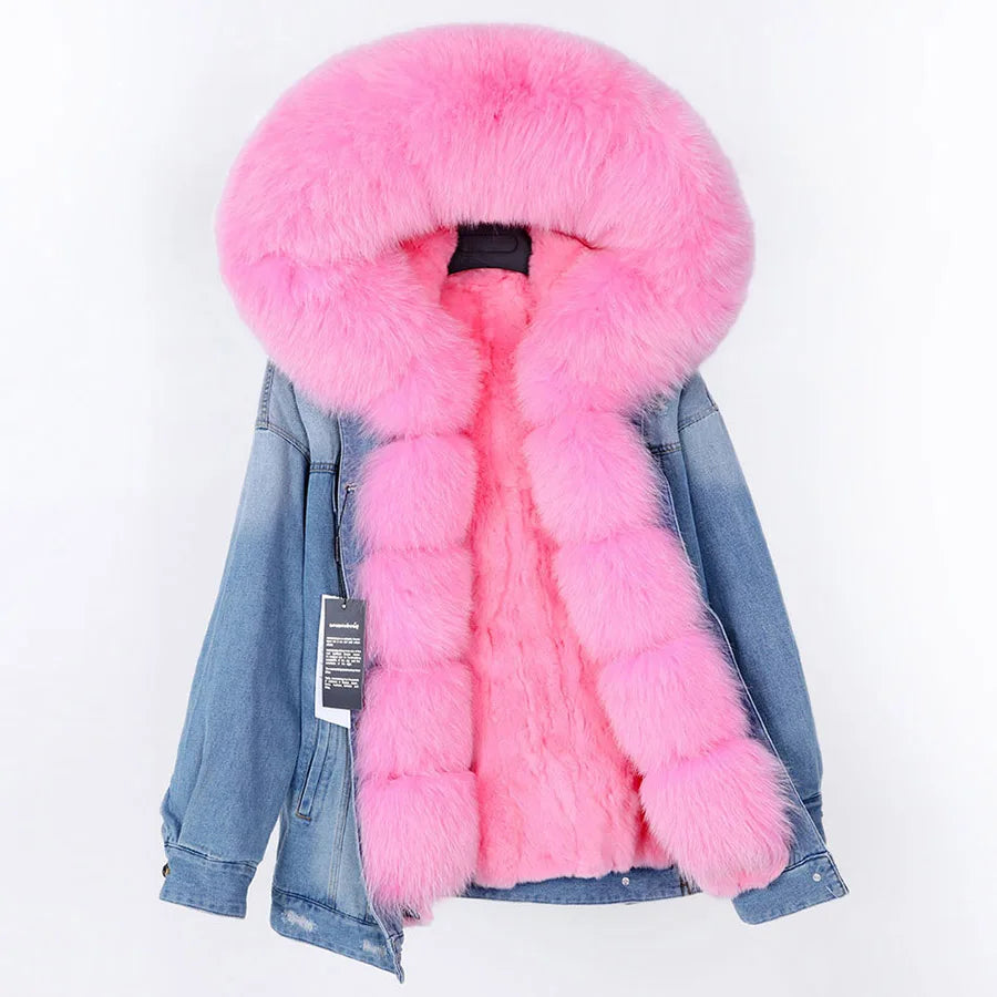 Solid Color Real Rabbit Fur Demin Jacket