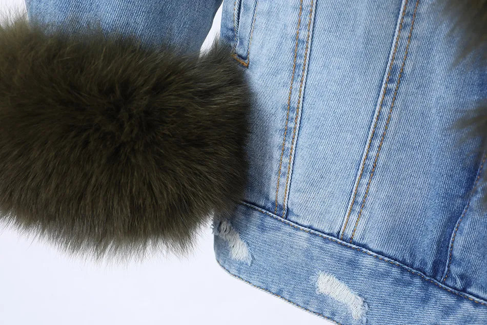 Solid Color Real Rabbit Fur Demin Jacket