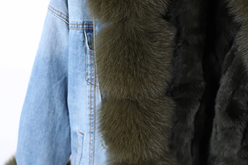 Solid Color Real Rabbit Fur Demin Jacket