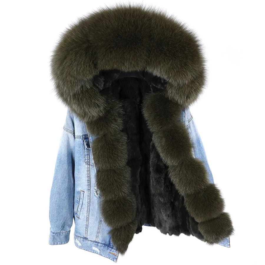 Solid Color Real Rabbit Fur Demin Jacket