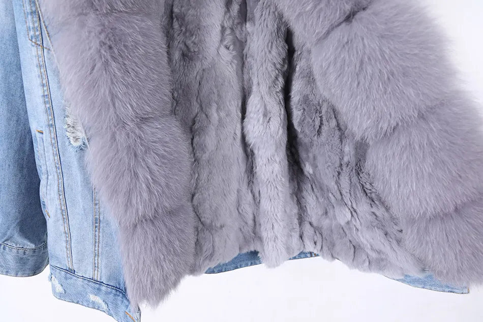 Solid Color Real Rabbit Fur Demin Jacket