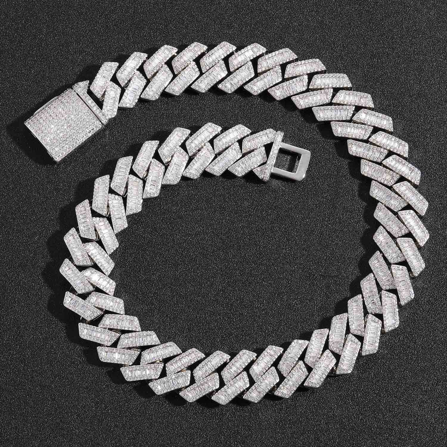 Diamond White Gold 20mm Prong Three-Row Cuban Link Chain